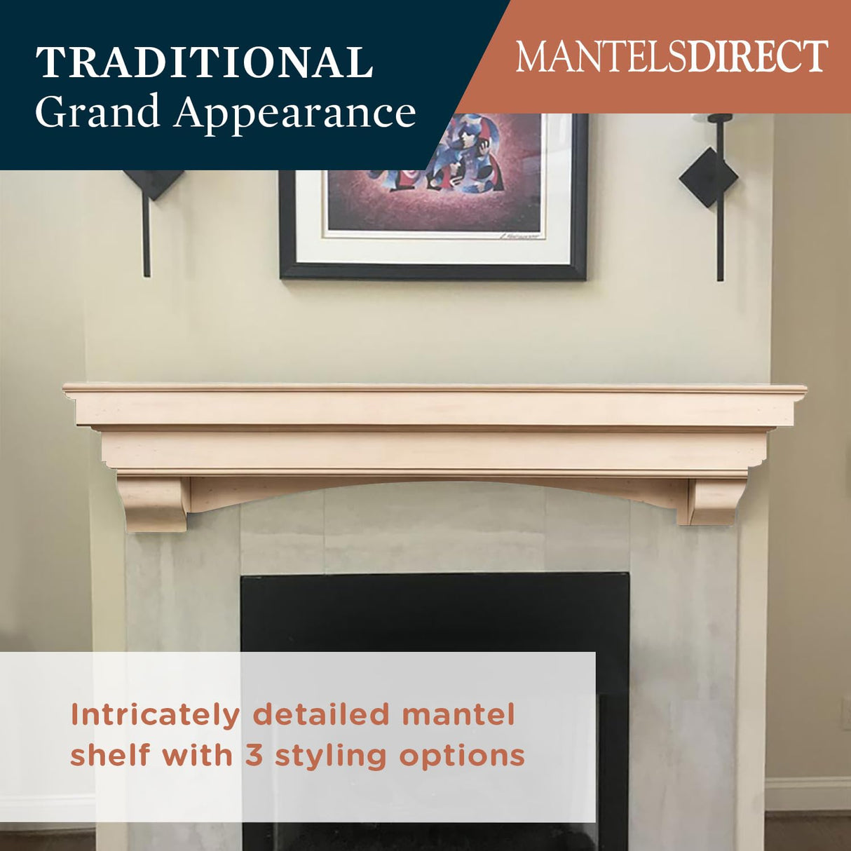 MANTELSDIRECT Mantels Direct Salem Wood Mantel Shelf with Arched Corbels - Unfinished 60 Inch | Wooden Rustic Wall Mounted Shelf from Pine Wood - Perfect for Fireplaces, TVs & Décor MANTELSDIRECT