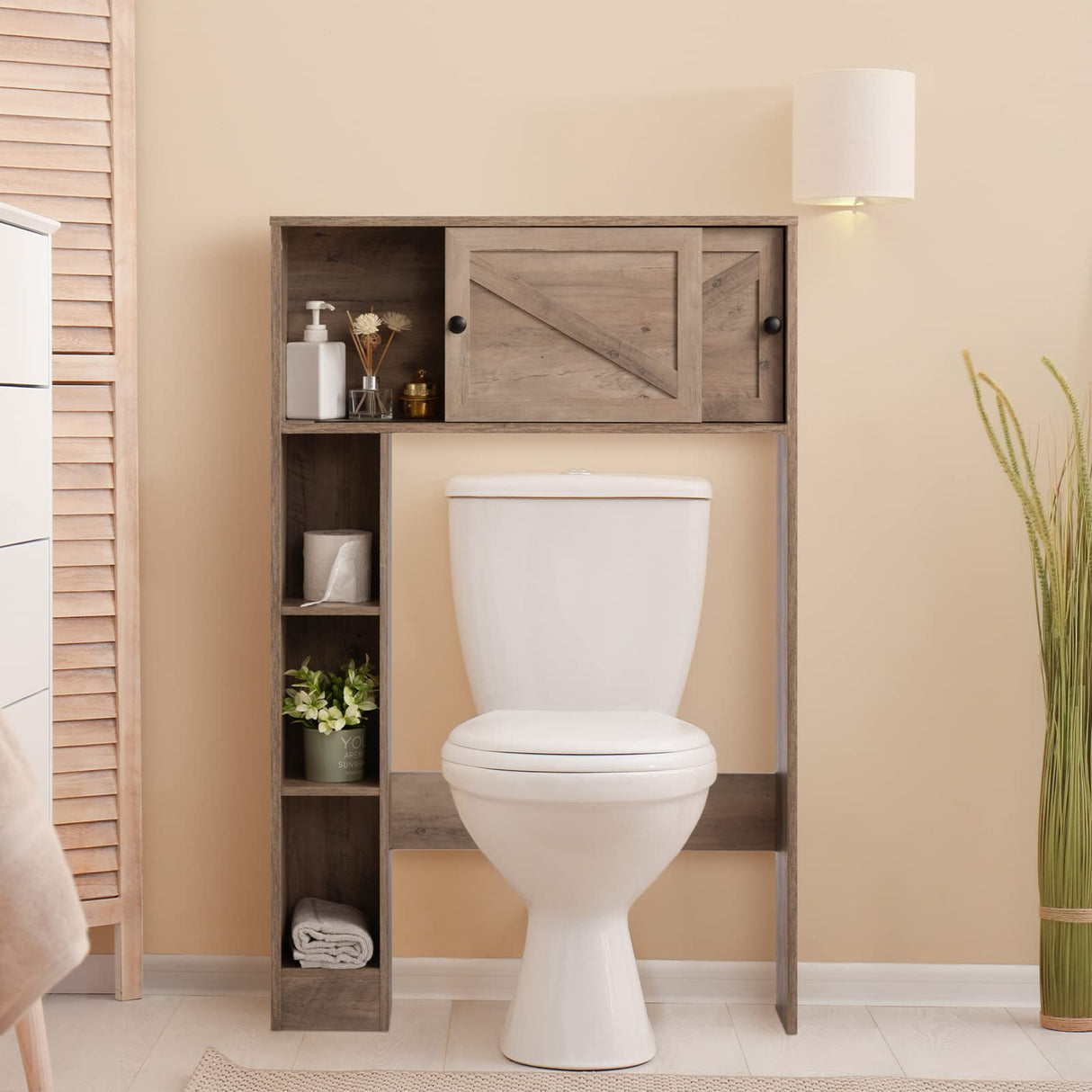 ALIMORDEN Over The Toilet Storage Cabinet, Bathroom Organizer Shelf with 2 Sliding Doors ALIMORDEN