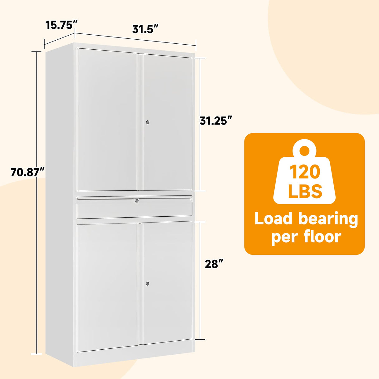 STANI Metal Garage Storage Cabinets with Drawer, 4 Doors Tool Storage Cabinet with 2 Adjustable Shelves, 71"-Lock Steel Locking Cabinet for Garage Utility Room Home Office (White, 0 Wheel-71 H) STANI