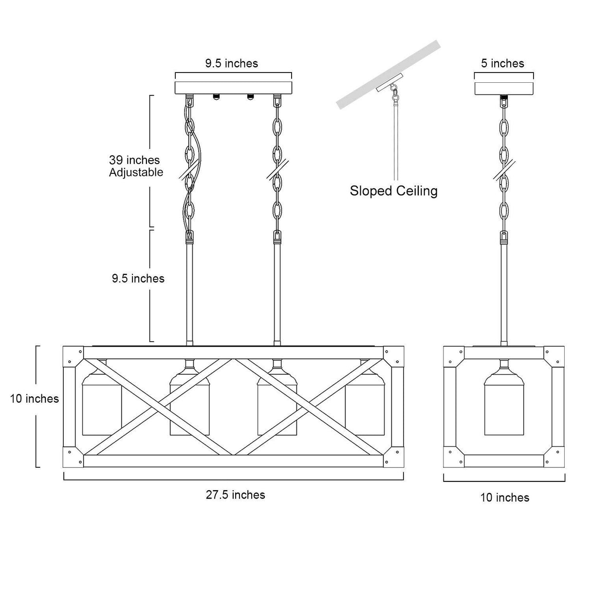 LNC Farmhouse Chandelier, 4-Light Dining Room Light Fixture, Rectangular Chandelier with Frosted Glass Globes, 27.5” L, Brown LNC
