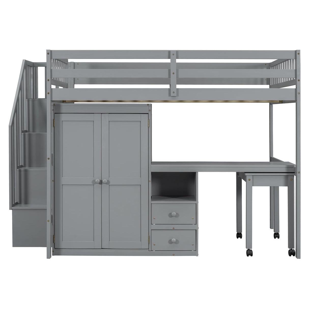 Full Size Wood Loft Bed with Desk,Wardrobe and Stairs, Bookshelf and Drawers,for Kids Teens Adults Bedroom Use (Gray#X, Full) Brabrety