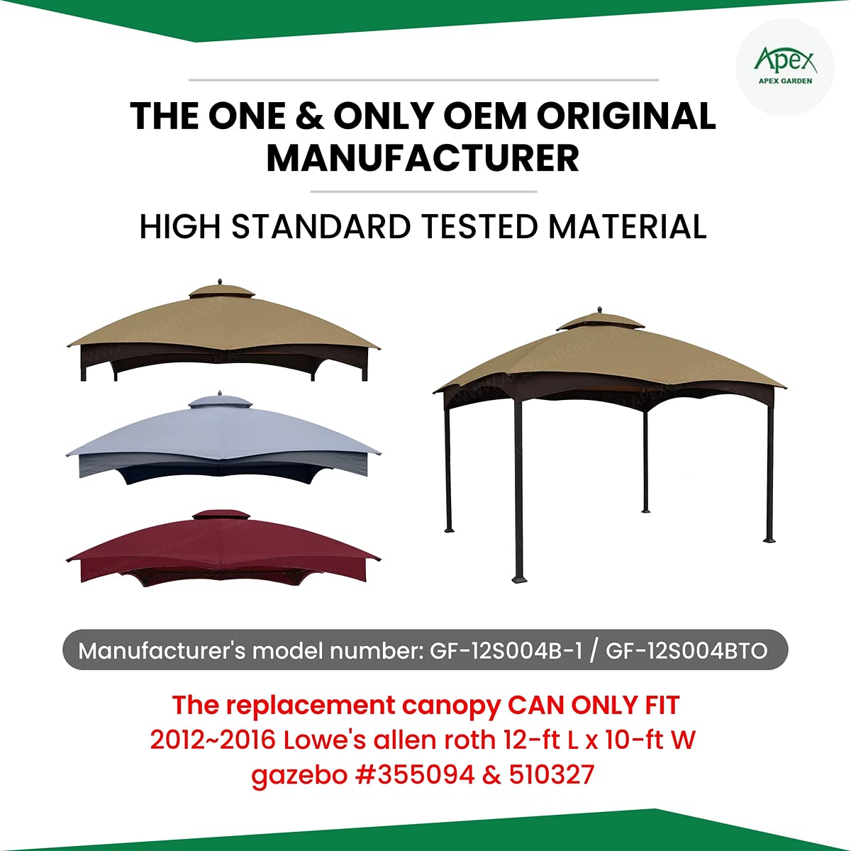 APEX GARDEN Replacement Canopy Top for Lowe's Allen Roth 10X12 Gazebo #GF-12S004B-1 APEX GARDEN