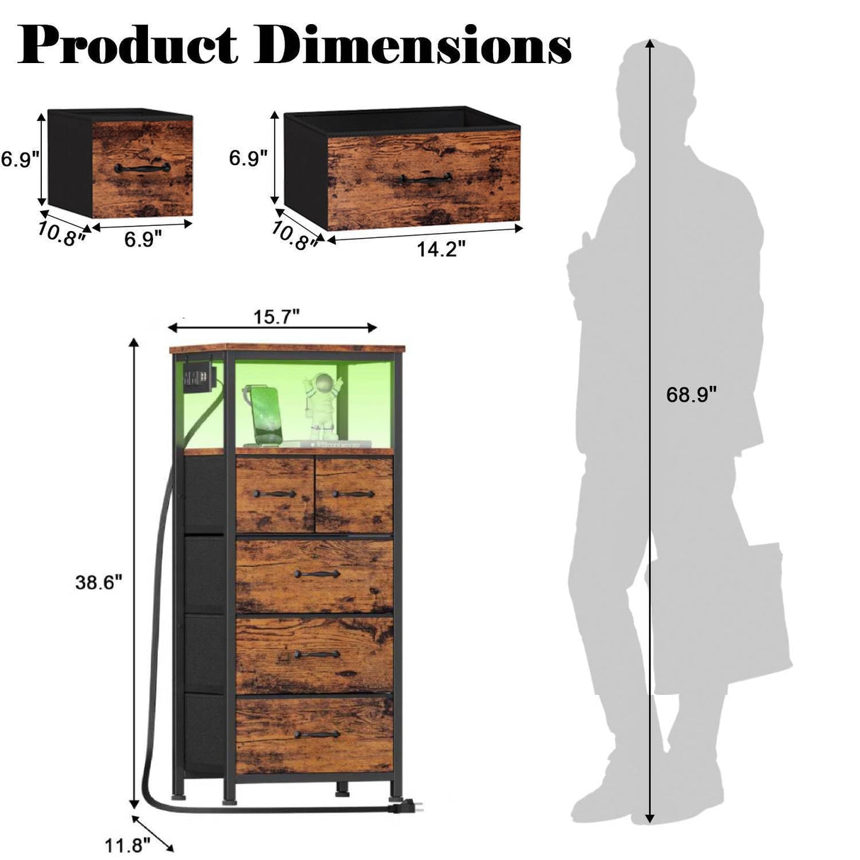 Furnulem Dresser for Bedroom, Tall Nightstand, Vertical Chest with Wood Top, Charging Station, LED Lights, 5 Fabric Bins, Bedside Table with Shelf, Furniture for Entryway (5 Drawer, Rustic Brown) Furnulem