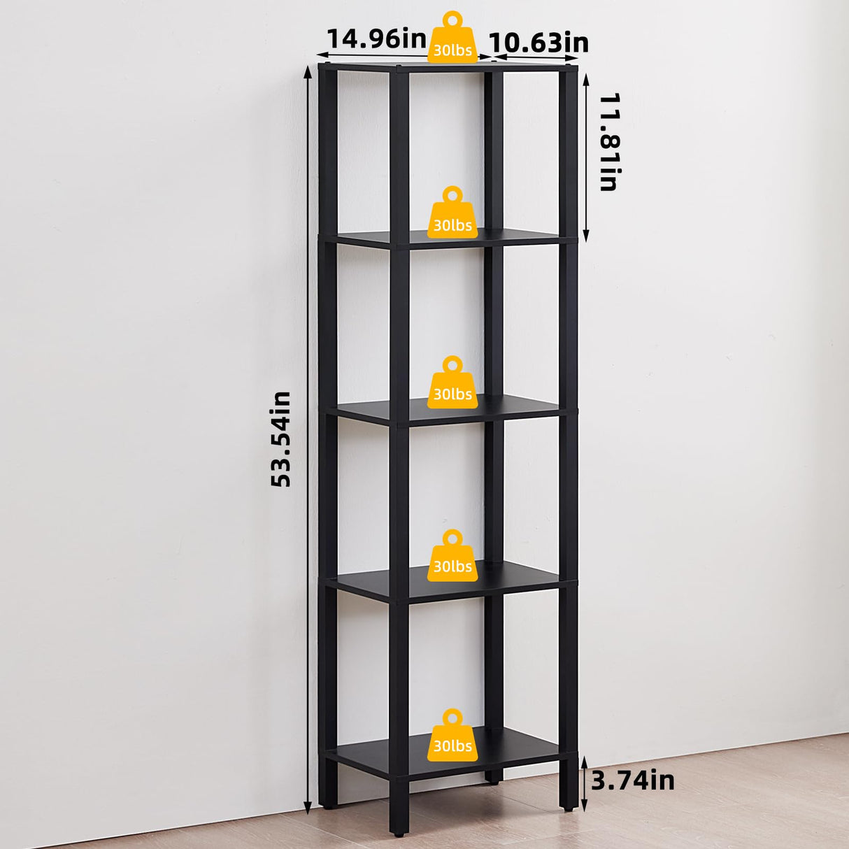 YUFAM 54in Tall Bookshelf 5-Tier Small Narrow Bookcase, Skinny Book Shelf for Small Space, Farmhouse Slim Shelf with Storage, Wood Freestanding Display Thin Bookshelves for Living Room, Office, Black YUFAM