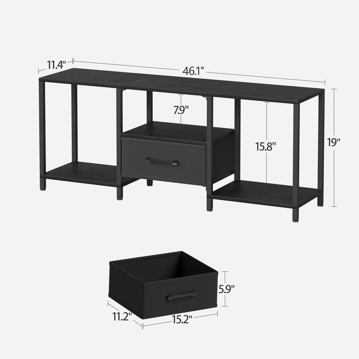 JARHETUN TV Stand with Fabric Drawer for 55 Inch TV, Entertainment Center with Open Shelves, Media TV Console Table for Living Room, Bedroom, Black JARHETUN