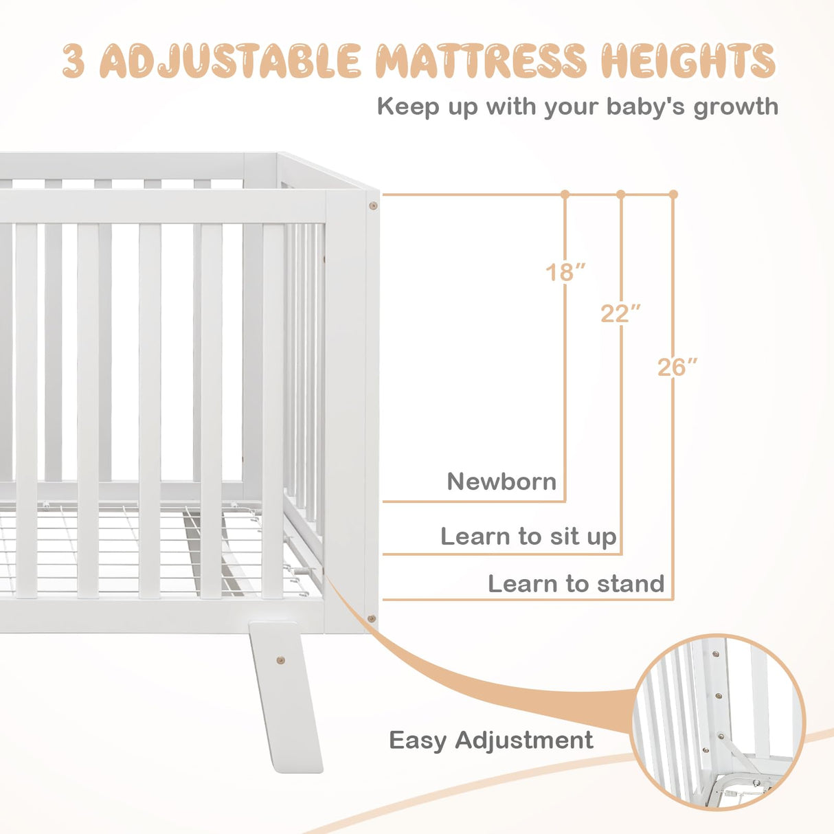 BABY JOY Wooden Baby Crib, Rubber Wood Mini Crib w/ 3-Height Adjustable Mattress Support Base & Full-Length Guardrails, Toddler Bedroom Furniture Fence Bed (White) BABY JOY