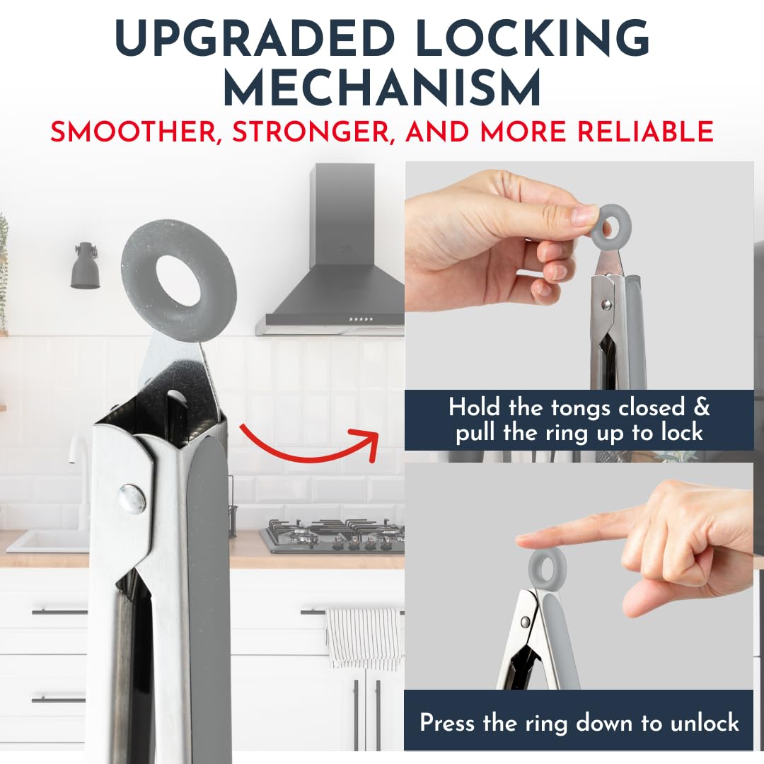 Silicone Kitchen Tongs for Cooking with Silicone Tips, Heat Resistant Tongs for Serving Food, 7-Inch, 9-Inch, 12-Inch Locking Silicone Tongs, Set of 3 Salad Tongs, Grey Kitchen Utensils Culinary Couture