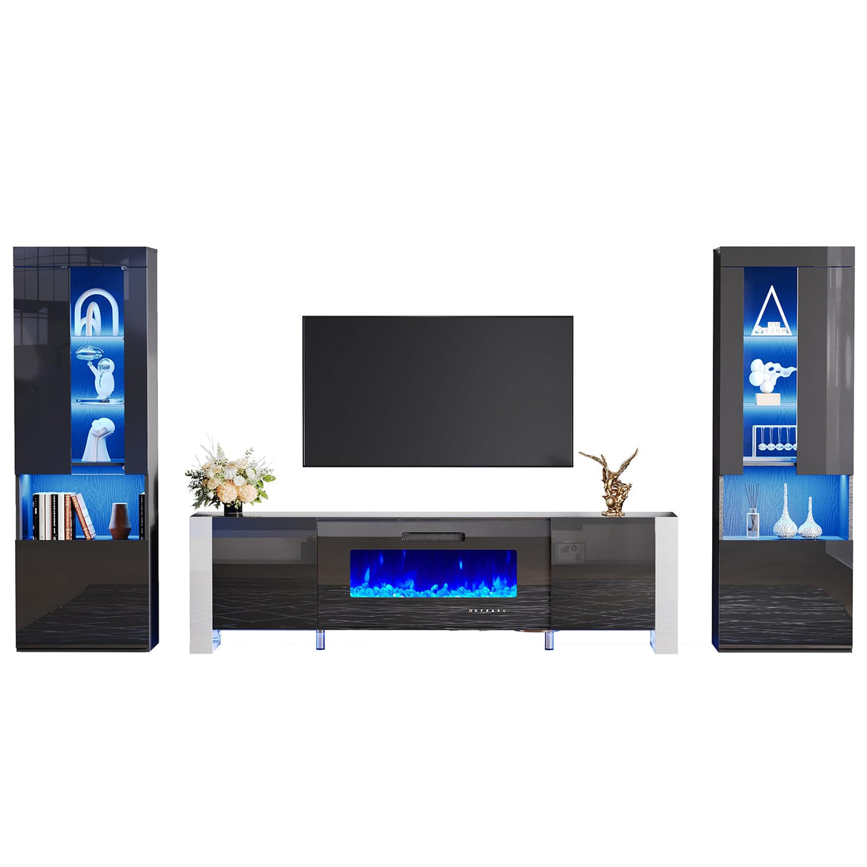 AMERLIFE 70" Modern Fireplace TV Stand with 36" Electric Fireplace & 2 Large Storage LED Bookcases, 3 Piece Living Room Entertainment Center Set for TVs Up to 80in, All Black AMERLIFE