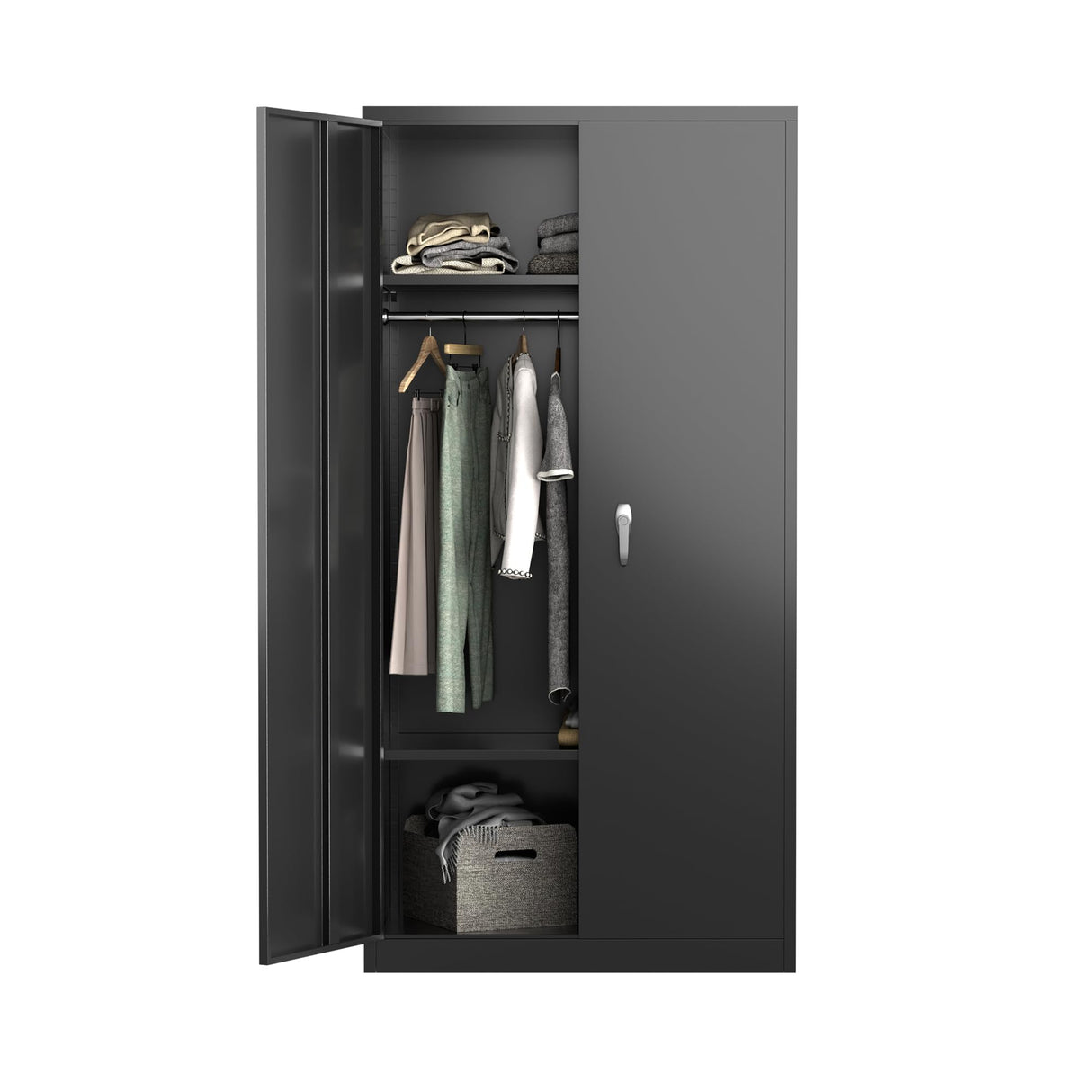 Aobabo Large Metal Wardrobe Style Storage Cabinet with Adjustable Shelf, Cloth Rail, and Lockable Doors for Home Organization, Black Aobabo