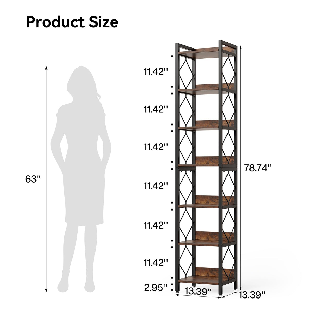 LITTLE TREE Corner Book Shelf, 78.7" Tall Narrow Bookcase, 7-Tier Skinny Wooden Display Shelves with Sturdy Metal Frame for Living Room, Modern Slim Standing Bookshelves for Office Shelf, Small Spaces LITTLE TREE