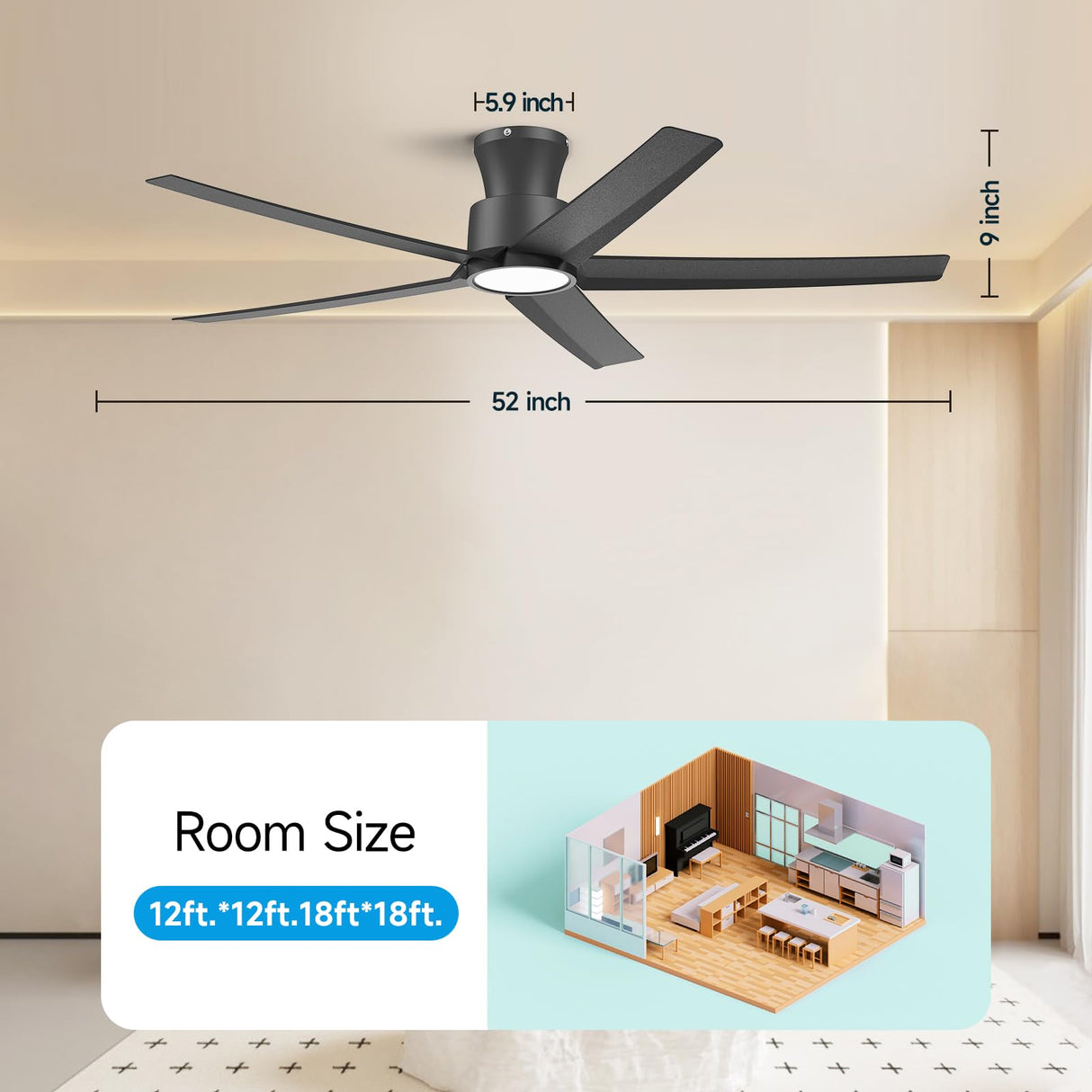 ocioc Smart Ceiling Fans with Lights,52 inch,Reversible Quiet DC Motor,Dimmable,Black Ceiling Fan Compatible with Alexa Google home Indoor/Outdoor ocioc