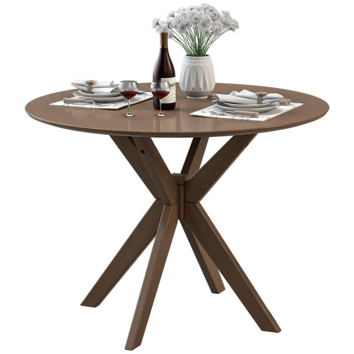 ERGOMASTER Round Dining Table for 2 to 4 Seater, Solid Wood Kitchen Table, Compact Side Table - 36 Inch Walnut Wood Tabletop - Trestle Pedestal Base - Ideal for Home, Apartment, Small Space ERGOMASTER