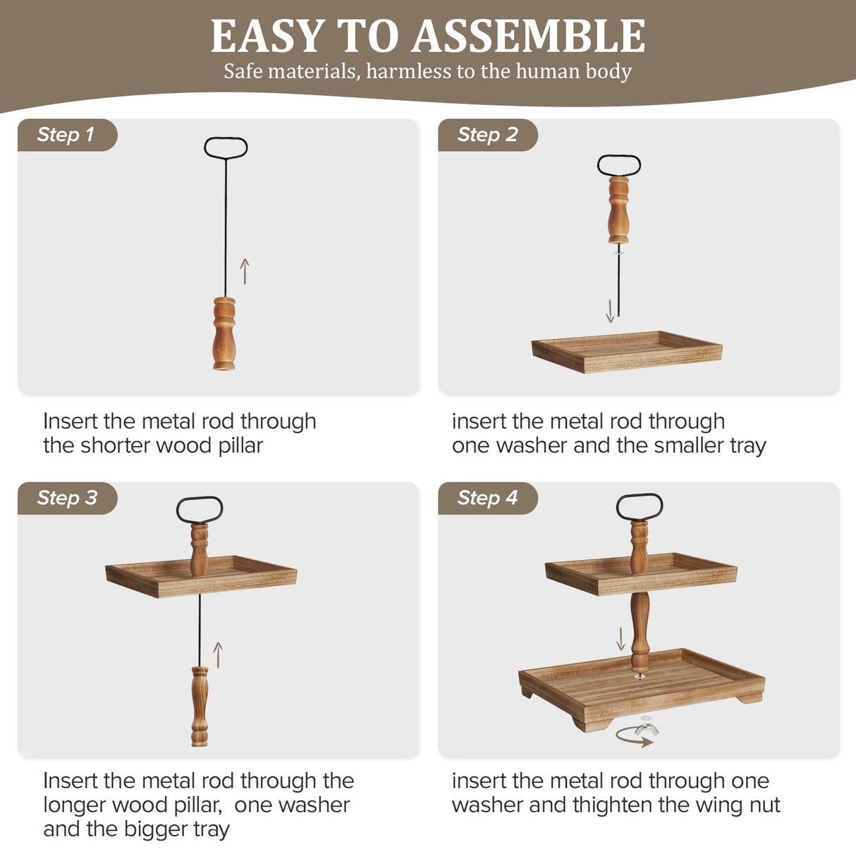 Boiarc Rustic Wooden 2 Tiered Tray Stand, Farmhouse Tiered Serving Tray Decor, Rectangle Wood Display Stands for Food Fruits Cupcake and Seasonal Festive Decorations (Brown) Boiarc