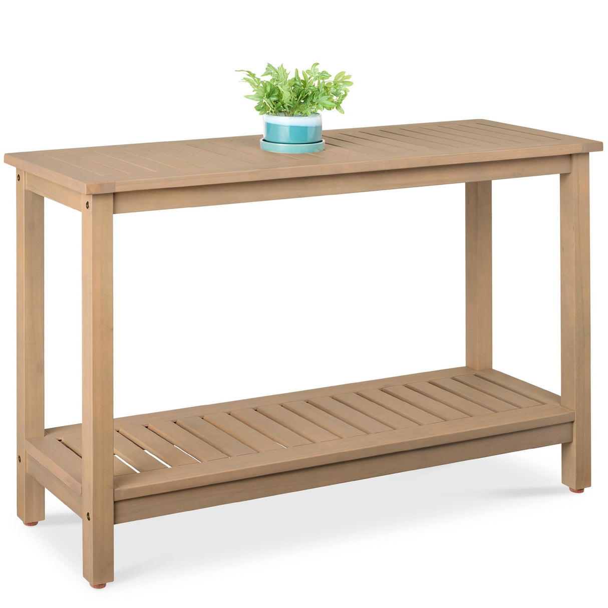 Best Choice Products 48in 2-Shelf Eucalyptus Wooden Console Table Indoor Outdoor Multifunctional Buffet Bar Storage Organizer w/Foot Sliders - Taupe Best Choice Products