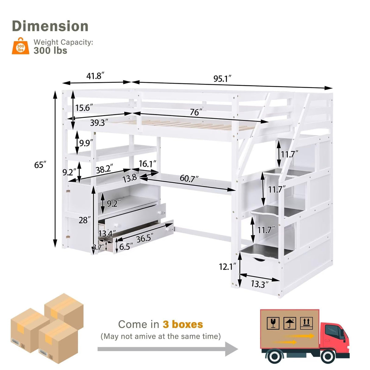 Merax Twin Loft Bed with Stairs and Desk, Solid Wood Loft Bed with Storage Stairs, Stairway High Loft Bed Frame with Storage Steps for Kids Teens Juniors, White Merax