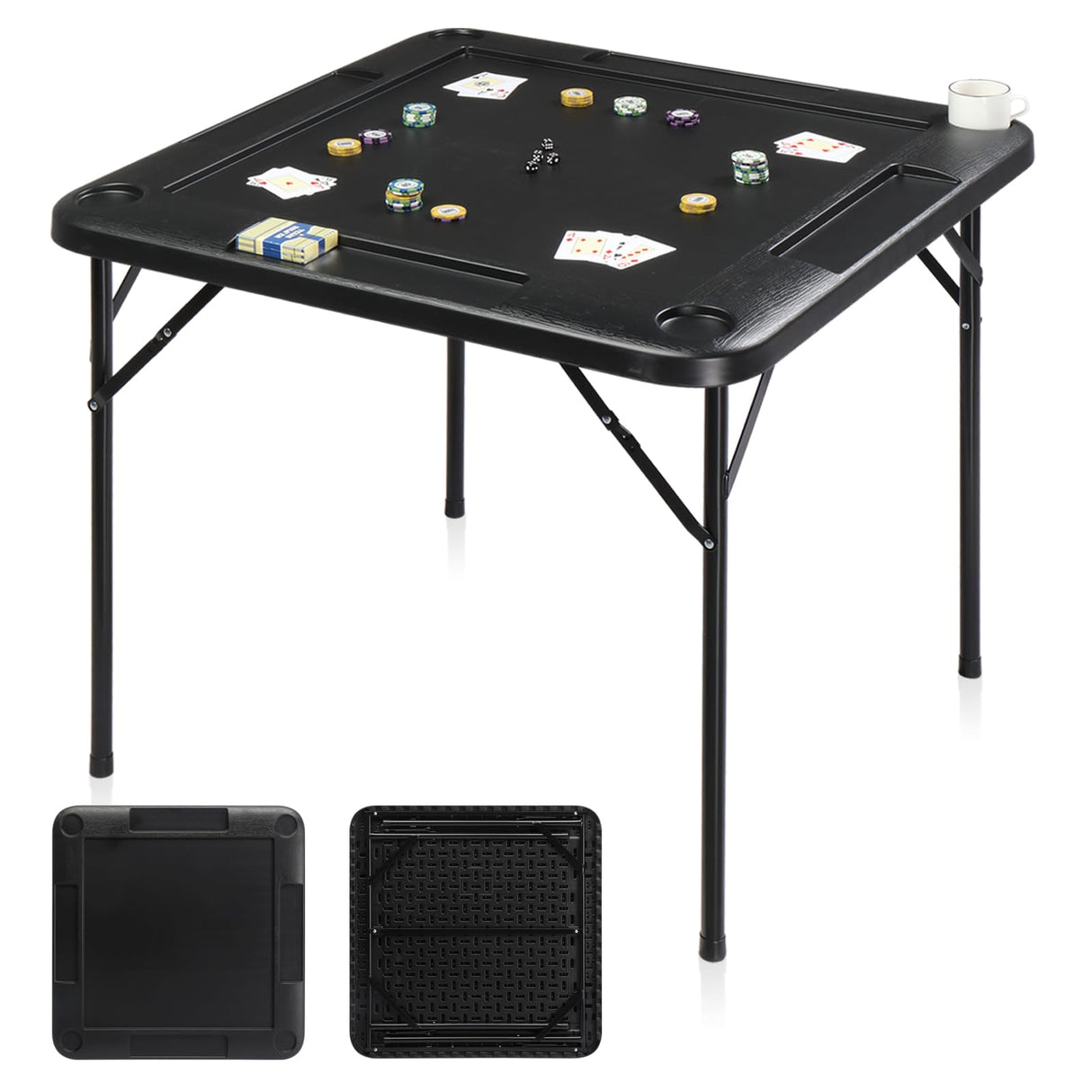 Ktaxon 35" Mahjong Table, Domino Folding Square Tables Set Suitable for Indoor Outdoor Game, Card Poker & Puzzle with 4 Cup Holder and Chip Trays, Adults, Black Ktaxon