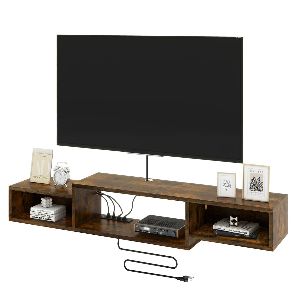 IBUYKE 59" Floating TV Stand Wall Mounted with Power Outlet,Wood Wall Mounted Media Console Shelf,Floating Entertainment Center for Under TV Storage for Living Room Bedroom Office,Rustic Brown WST007H IBUYKE