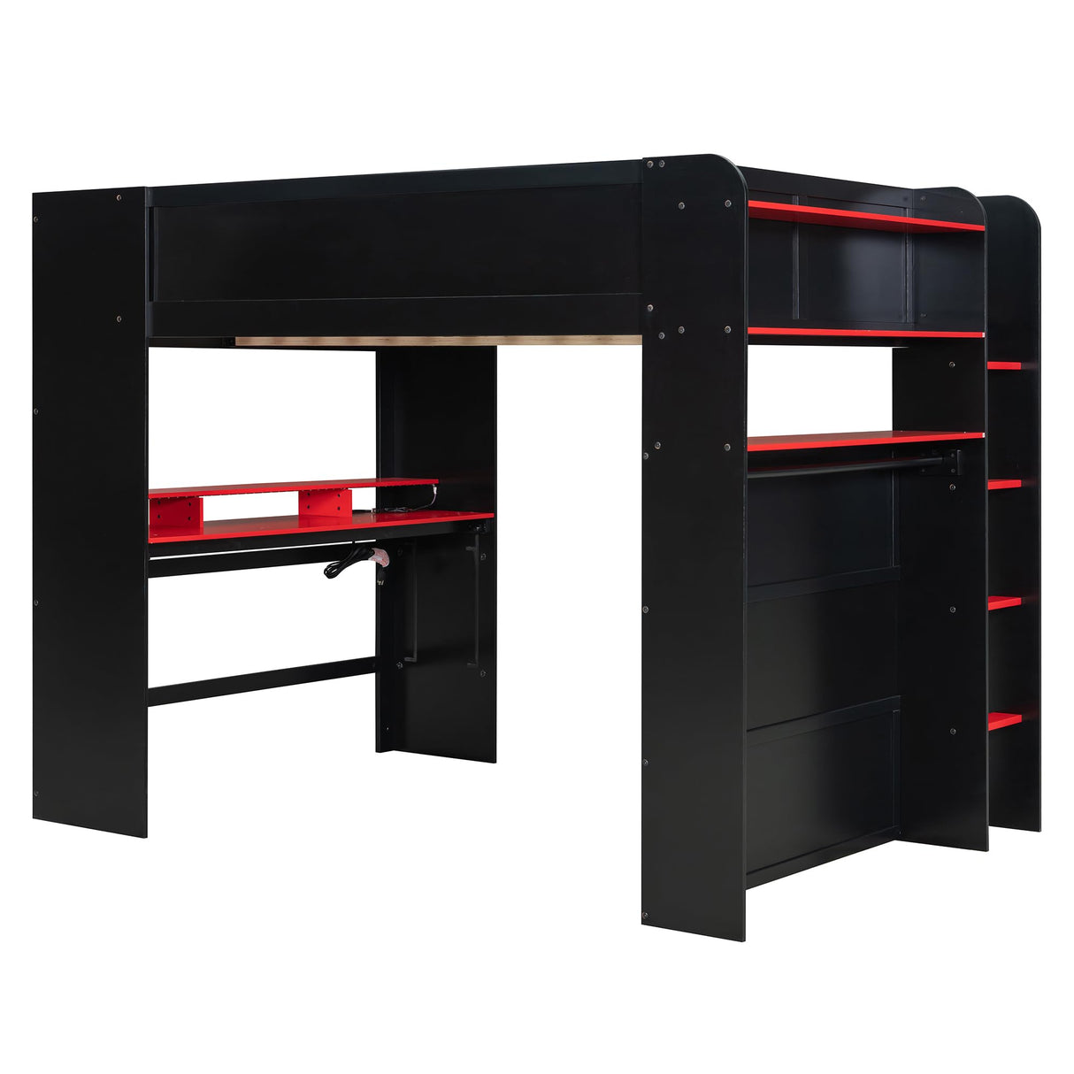 VilroCaz Modern Full Size Gaming Loft Bed with Height-Adjustable Desk and Wardrobe, Wood Loft Bed Frame with Light Strip and Multi-Storage Shelves, Maximize Space Saving (Red-s) VilroCaz