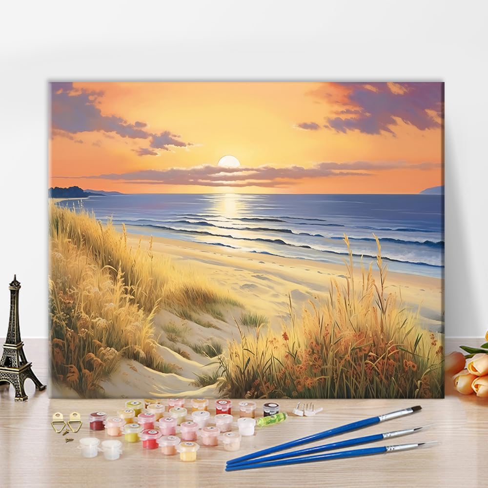 TUMOVO Beach Scenery Paint by Numbers for Adults, Wild Grass Paint by Number Kits for Adult Beginner, DIY Sunrise Paint by Number Kits on Canvas Arts Craft(Frameless) 16x20 Inch TUMOVO