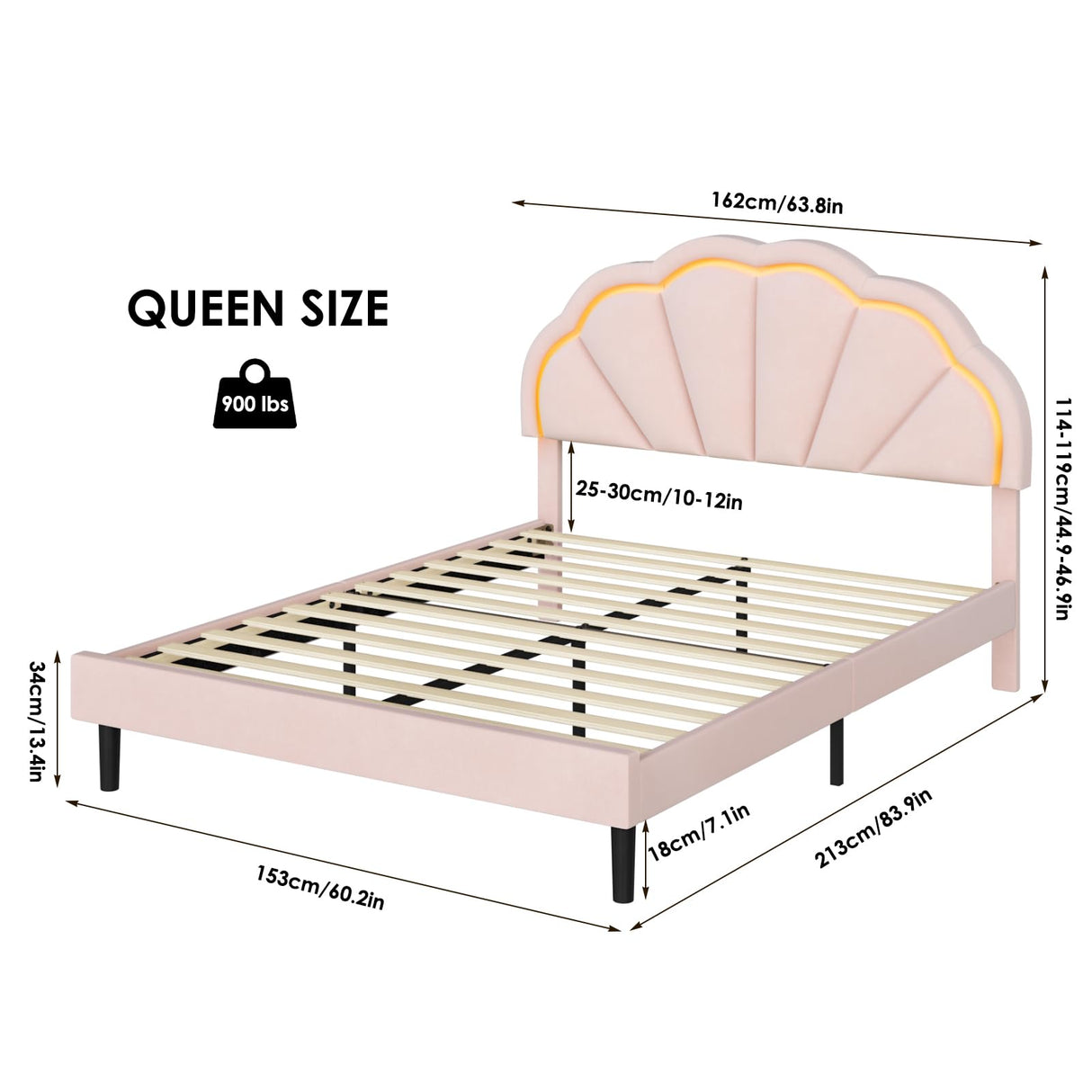 HIFIT Queen Upholstered Smart LED Bed Frame with Adjustable Chic Petal Headboard, Soft Princess Queen Size Platform Bed Frame for Girls, Wooden Slats Support, No Box Spring Needed, Easy Assembly, Pink HIFIT