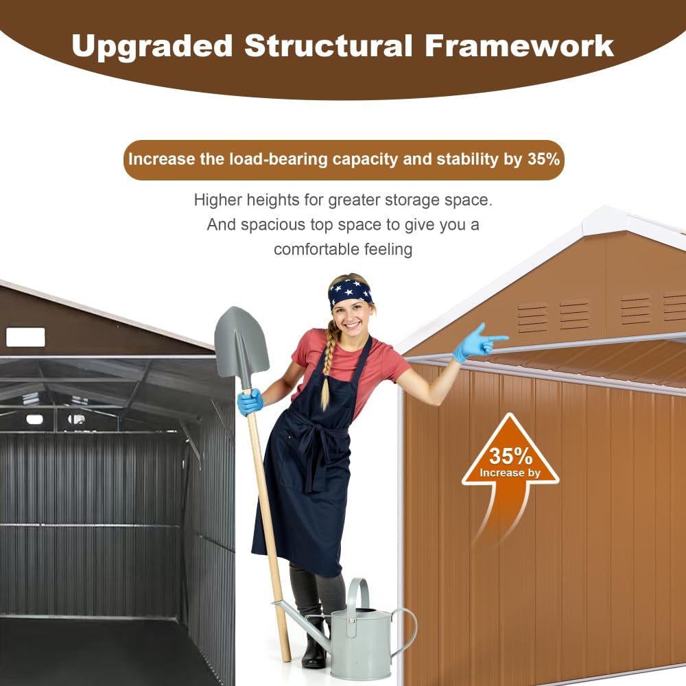 12x8 FT Heavy-Duty Metal Storage Shed, Large Outdoor Garden Shed with Windows & Lockable Sliding Door, Galvanized Steel Weatherproof Tool Shed for Backyard, Lawn Equipment, Bike Storage (Brown) ZHZXWKK