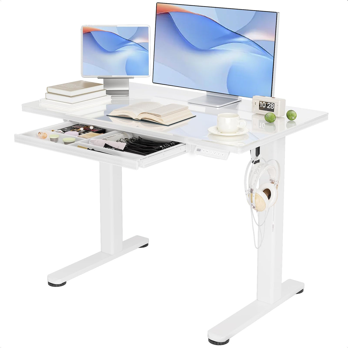 INNOVAR Glass Standing Desk with Drawers, 40 x 24 Inches Electric Height Adjustable Desk, Tempered Glass Top Stand Up Desks for Home and Office, White INNOVAR