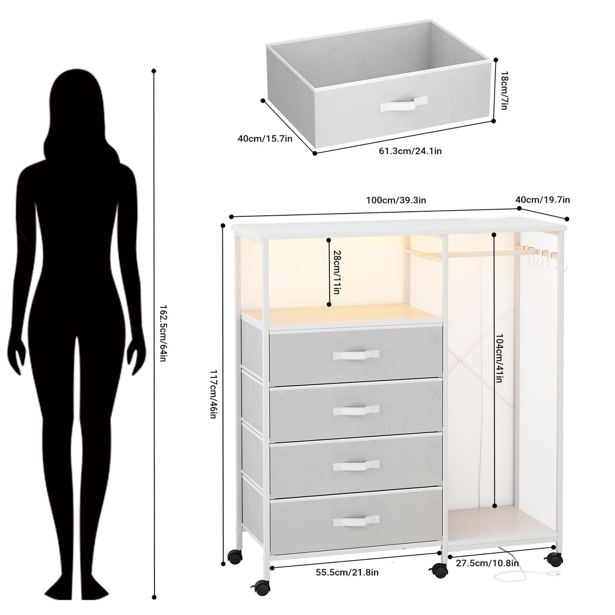 Seeday Fabric Dresser with Clothes Rack, 4 Drawers Dresser for Bedroom with Charging Station and LED Lights, Chest of Drawers with Wheels, Steel Frame, Wood Top, for Bedroom, Closet, White Seeday