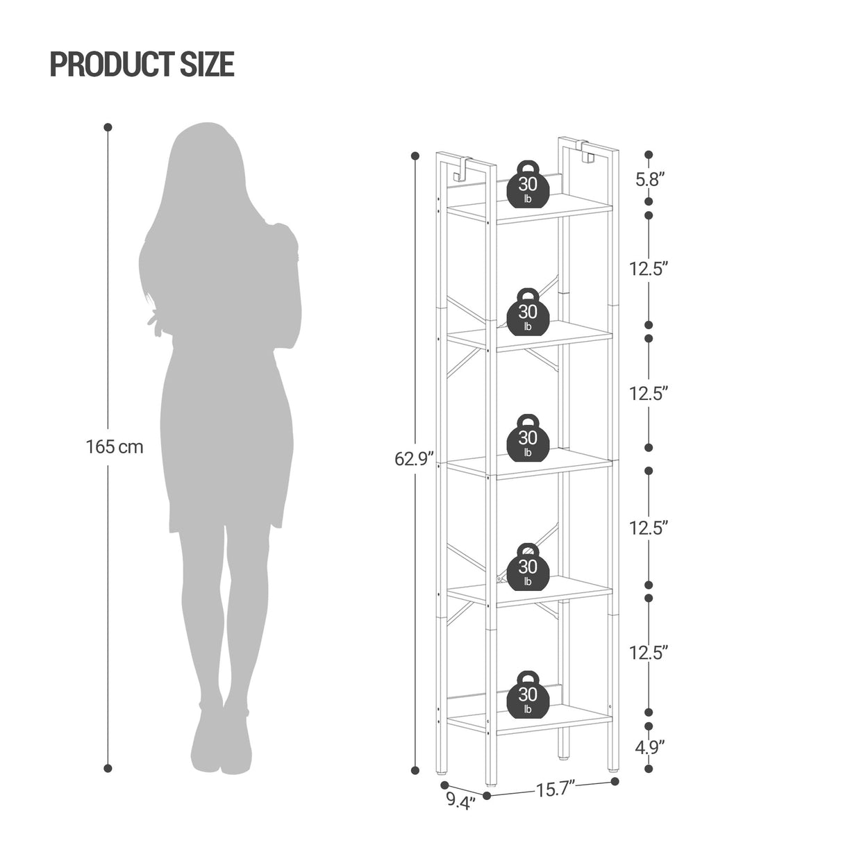 Hzuaneri Bookshelf, Book Shelf, Industrial Bookcase with 2 Hooks, Coner Shelf Storage Organizer for Home Office, Living Room, Bedroom, Kitchen, 5-Tier Rustic Brown BC10501B Hzuaneri