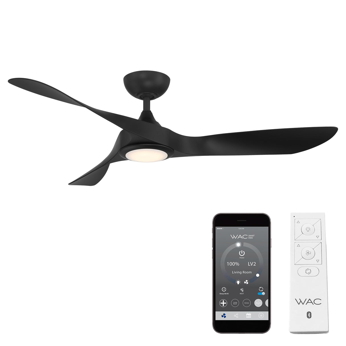 WAC Smart Fans Swirl Indoor and Outdoor 3-Blade Smart Home Ceiling Fan 54in Matte Black with 3000K LED Light Kit and Remote Control works with Alexa and iOS or Android App WAC Lighting