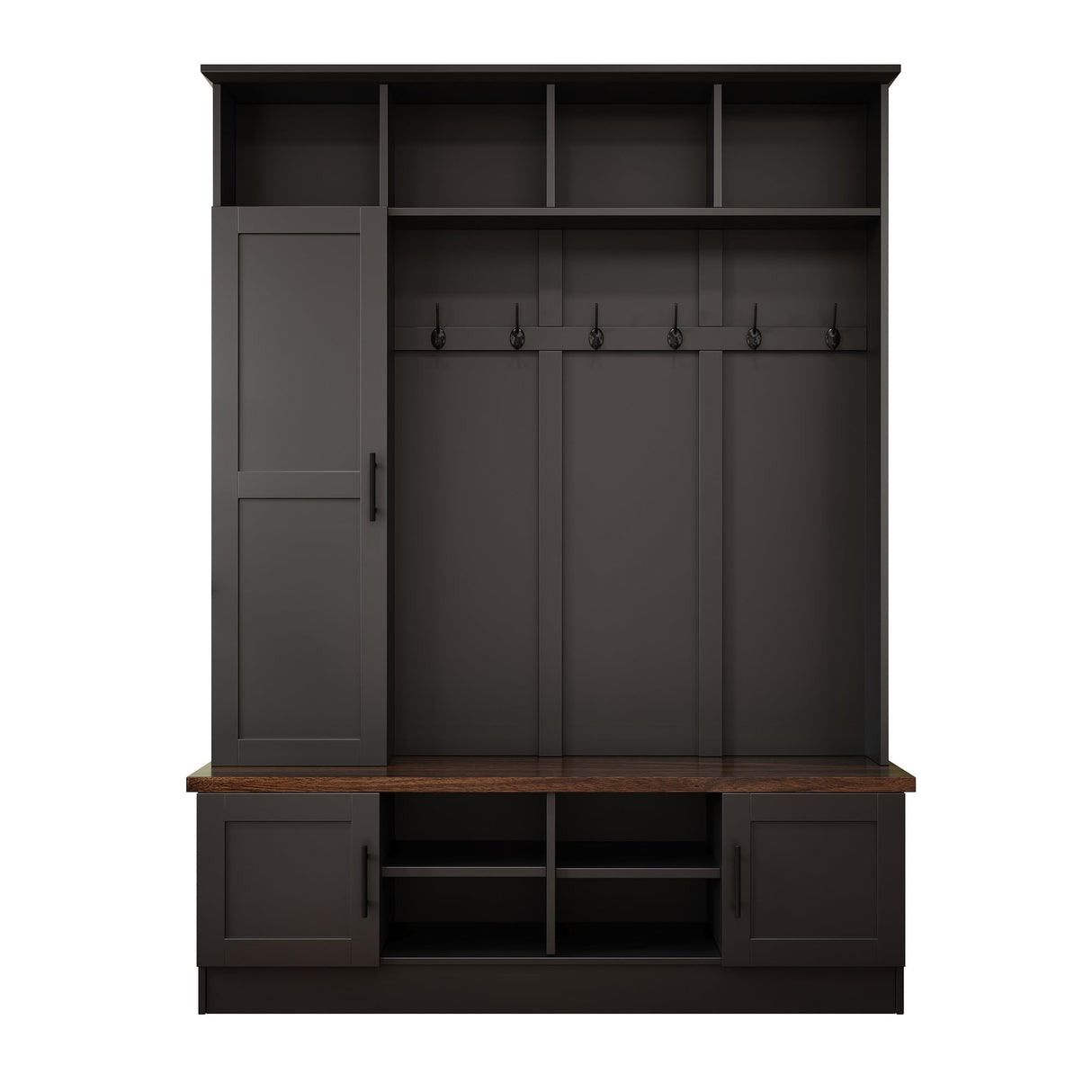 SIYSNKSI Versatile 3-in-1 Hall Tree with 6 Hooks, Farmhouse Walnut Storage Bench with Adjustable Shelves, 55" W Entryway Coat Rack with Multiple Storage Space for Mudroom, Living Room (Black-7) SIYSNKSI