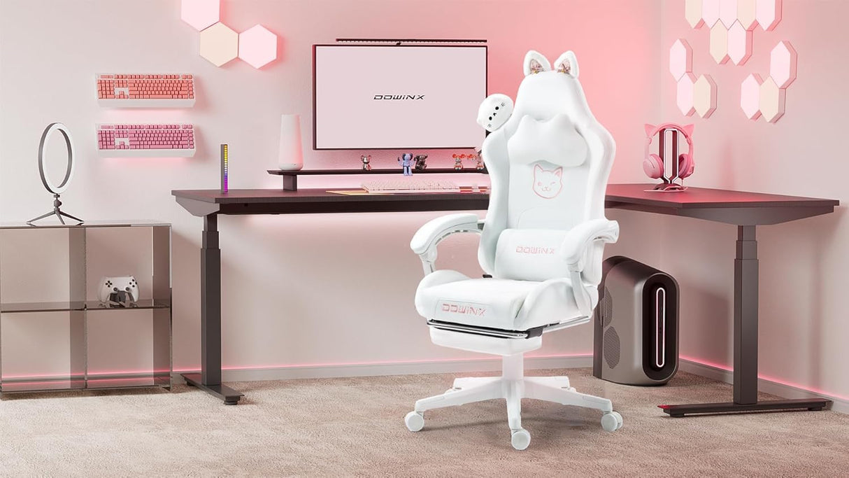 Dowinx Gaming Chair Cute with Cat Ears and Massage Lumbar Support, Ergonomic Computer Chair for Girl with Footrest and Headrest, Comfortable Reclining Game Chair 290lbs for Adult, Teen, White Dowinx