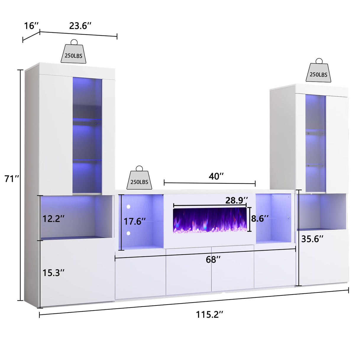 AMERLIFE Modern 3-Piece High Gloss Fireplace TV Stand & Bookcase Set in White AMERLIFE