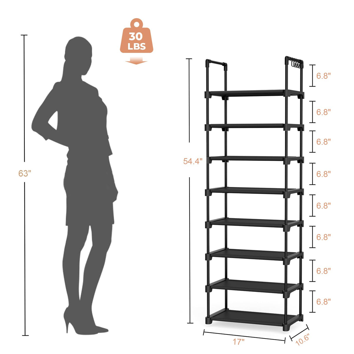 LANTEFUL Tall Shoe Rack 8 Tiers, 16-20 Pairs Shoe and Boots Organizer Storage Sturdy Shoe Shelf, Narrow Vertical Shoe Rack for Entryway, Closet, Metal Shoe Organizer with 5 Hooks LANTEFUL