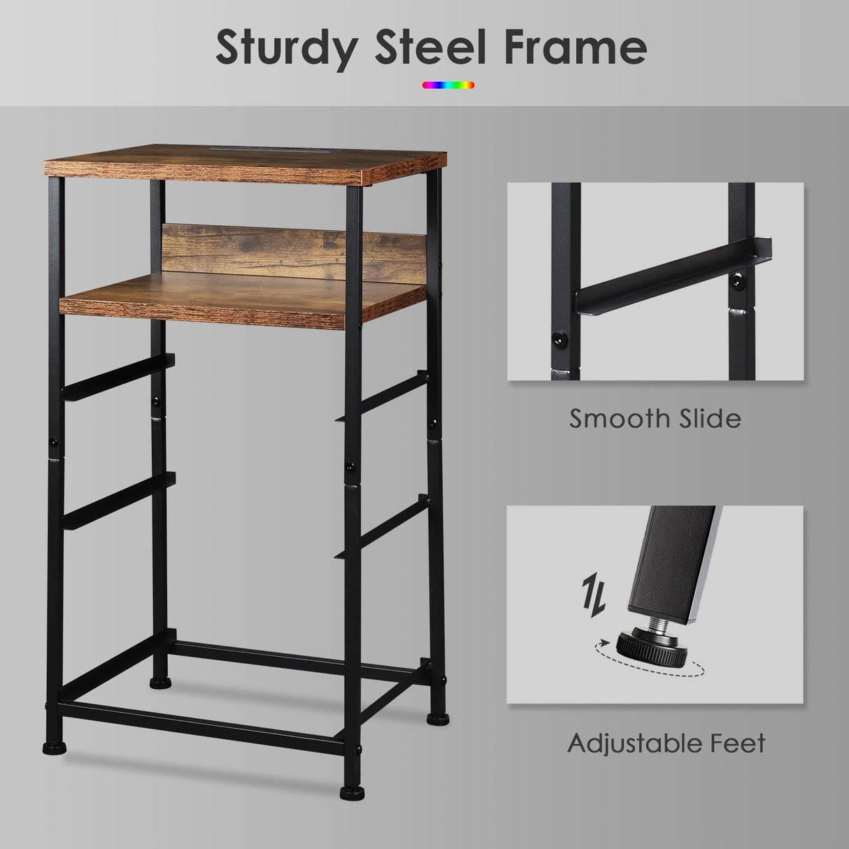 YeTom Nightstand with Charging Station, LED Night Stand with Drawers (Fabric), Bedside Table with Open Shelf, End Table with Steel Frame, 3 Drawer Dresser for Bedroom, Small Space, Rustic Brown YeTom