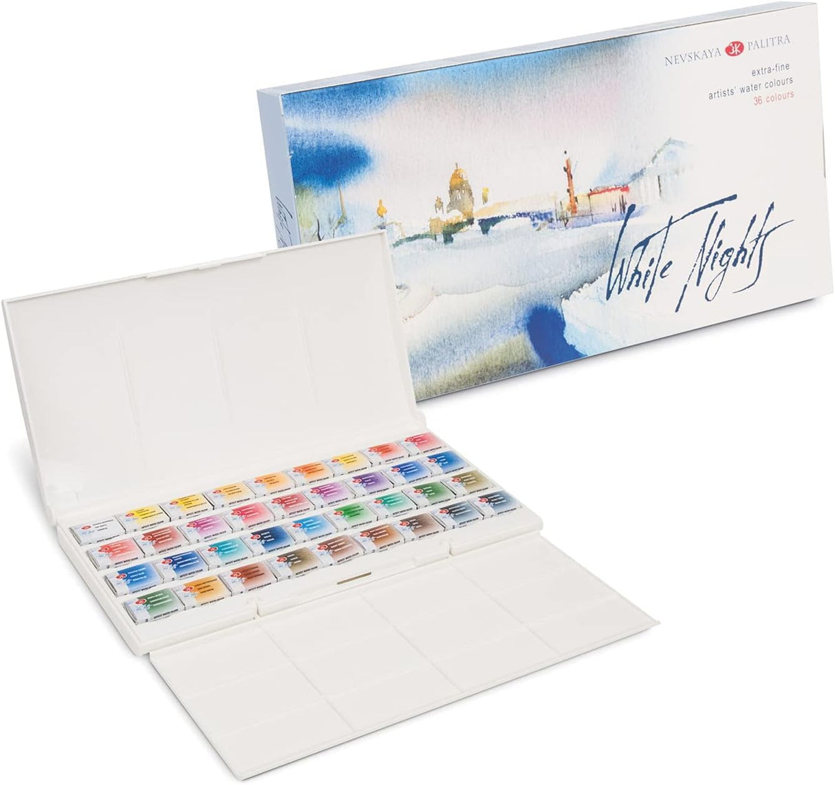 White Nights Professional Watercolor Set 36 Full Pans 2.5ml Extra Fine Artists Grade Pigments Vibrant and Lightfast Colors in Durable Plastic Box Art Supplies for Artists by Nevskaya Palitra Handy Stamps Quality Value Speedy Service