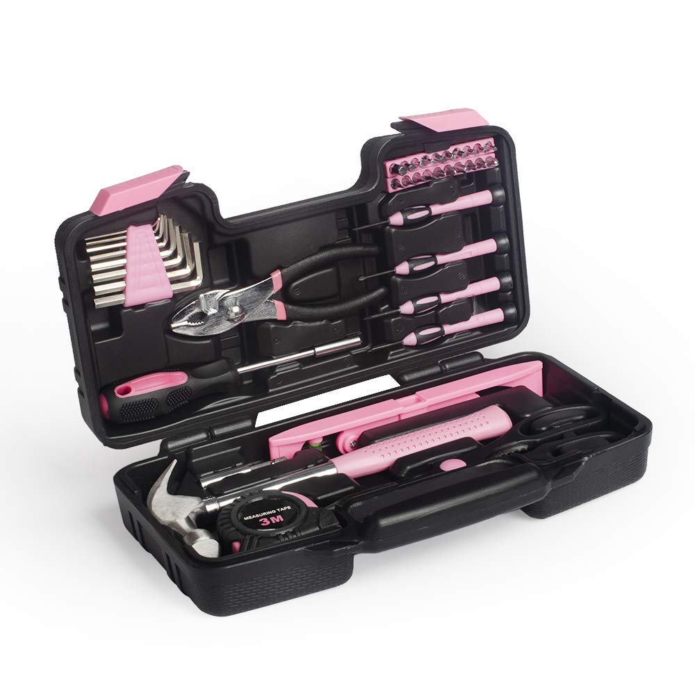 39-Piece General Tool Set-Essential Household Hand Tool Kit with Portable Toolbox Storage Case(Pink—Level Ruler)) KOFOT
