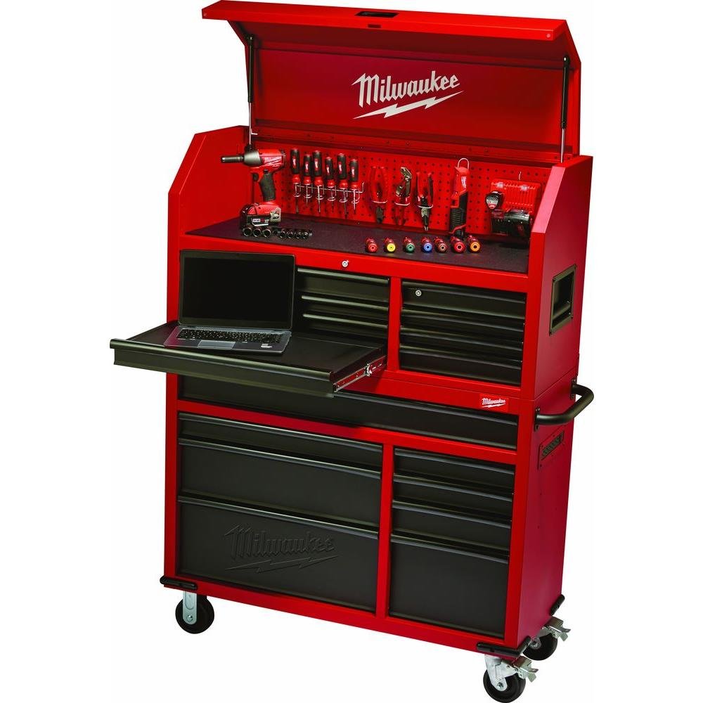 Heavy-duty, Drawer 16 Tool Chest 46 In. and Rolling Cabinet Set, Red and Black, Personal Valuables Storage Drawer with Separate Lock in the Tool Chest Milwaukee