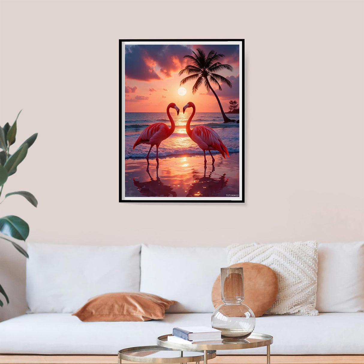 TUTUMAY21 Diamond Art Kit for Adults, Tropical Flamingos Sunset Beach Diamond Painting for Adults Beginners, DIY 5D Diamond Art Painting Kits Craft for Home Wall Decor 12x16 Inch Frameless TUTUMAY21