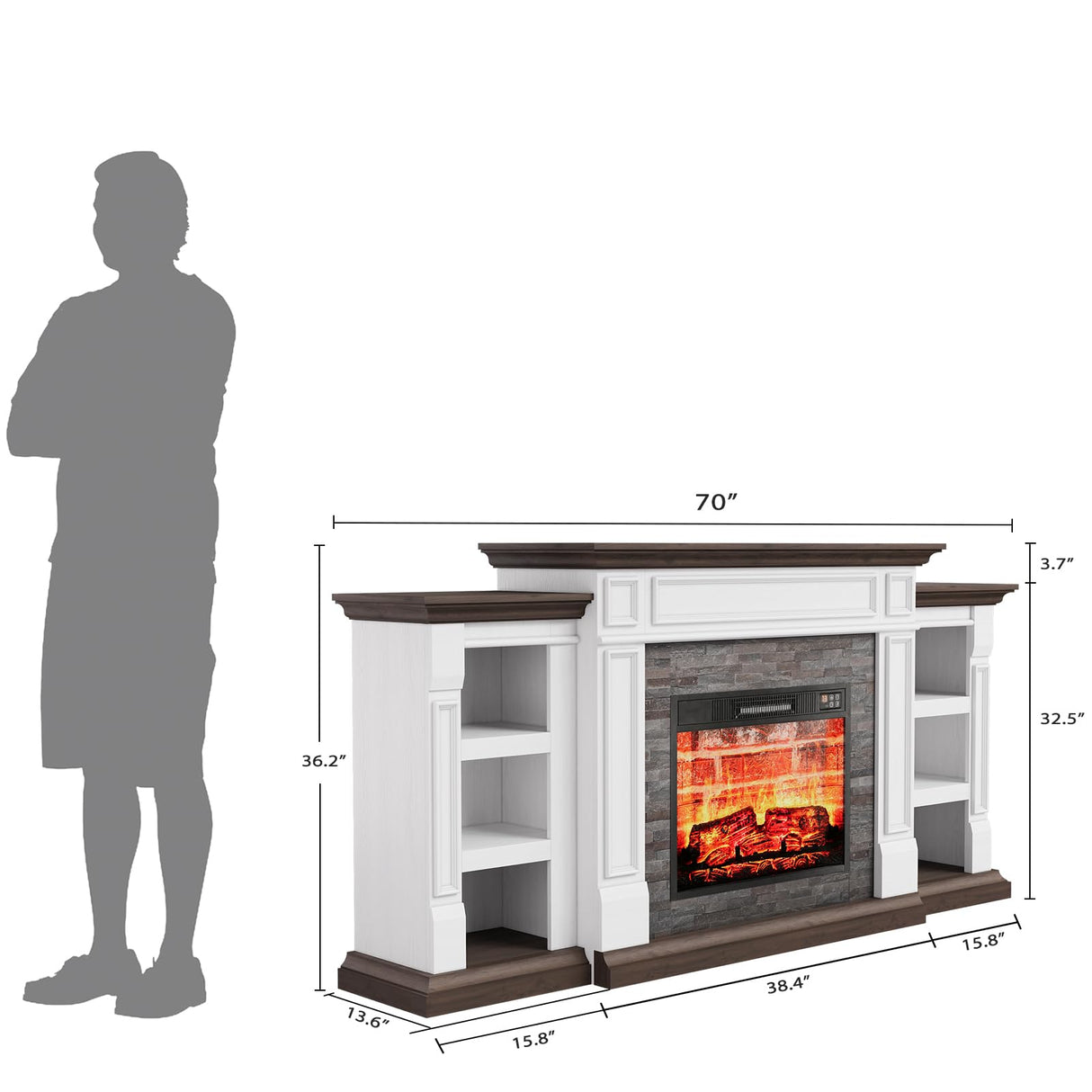 LGHM 70" Electric Fireplace with Mantel, Fireplace TV Stand for TVs Up to 80 Inch, Farmhouse Entertainment Center with Storage, Realistic Stacked Stone Surround with Remote Control for Living Room LGHM