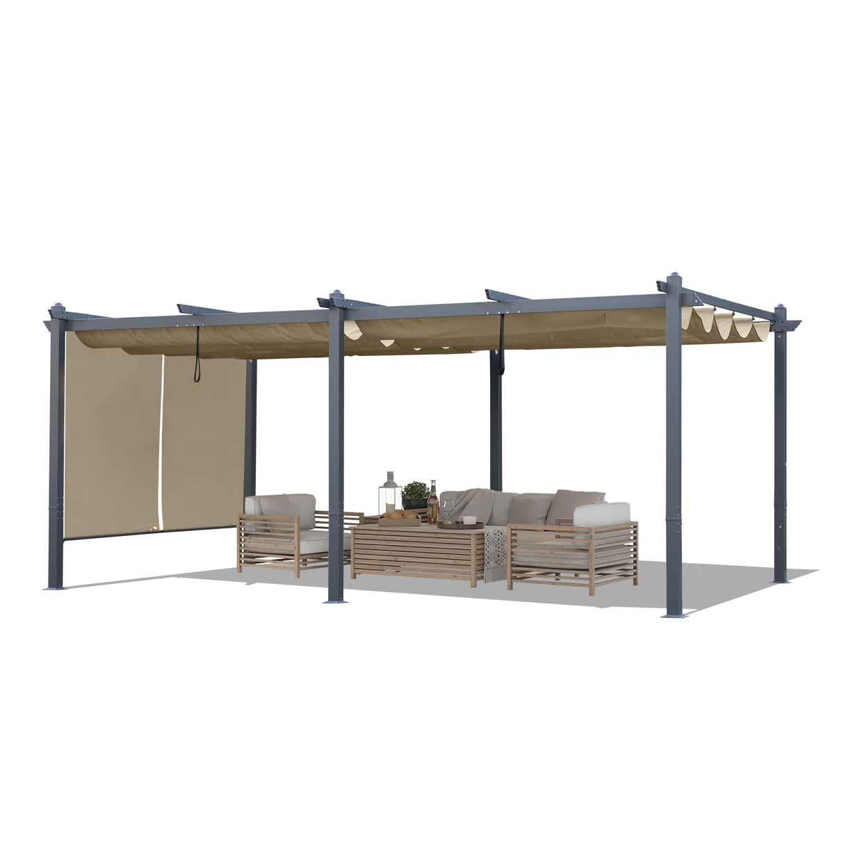 BPS 12' x 20' Outdoor Pergola with Retractable Shade Canopy, Dark Gray Matte Aluminum Frame, 2 Pieces Roller Shade Curtain, Grape Trellis Pergola for Patio Backyard and Deck - Khaki BPS