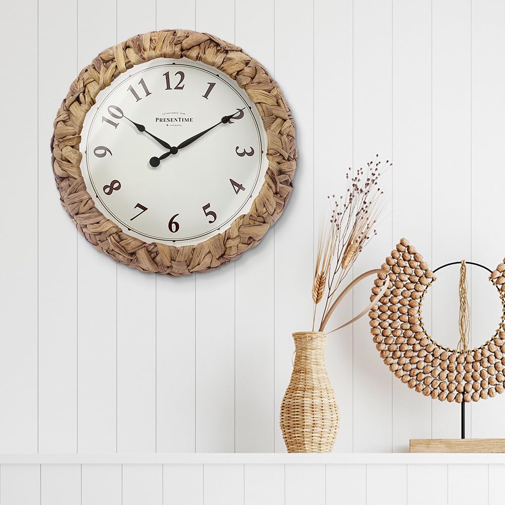 Presentime & Co. Farmhouse Series, Rustic Woven Clock, 12.6 inch, Natural Woven Water Hyacinth/Sea Grass. Wall Sculpture, Wall Art and Timepiece for Home Decoration/Wall Decoration/Farmhouse Décor Presentime
