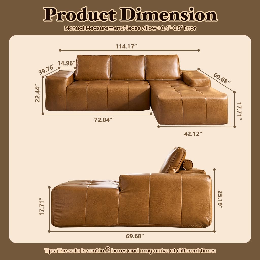114" Boneless Couches for Living Room, Brown Faux Leather Cloud Sectional Couches with Chaise, Deep Seat L Shaped Modular Sofa, No Assembly Required Sofas in a Box (Right,Faux Leather,Brown) weaxty W