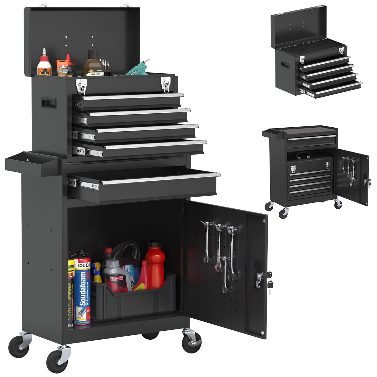 Tool Chest, 5-Drawer Rolling Tool Chest with Detachable Top Tool Box, Tool Box with Wheels, Metal Tool Cart for Garage Warehouse Workshop (Black) Xalvora