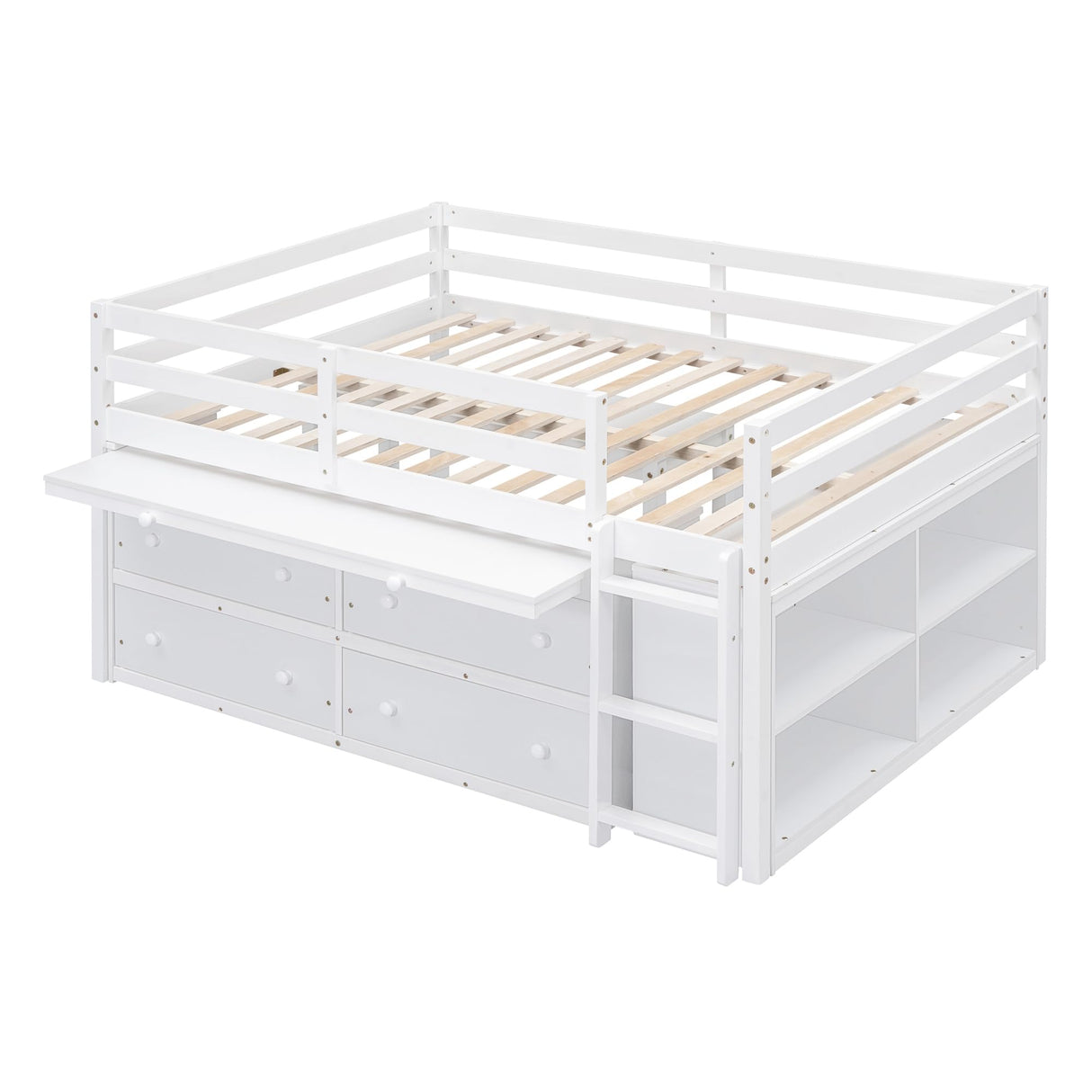 Full size Low Loft Bed with Storage, Full Size Loft Bed with Portable Desk & 4 Drawers, Wood Full Loft Bed Frame with Shelves, Modern Farmhouse Junior Loft Bed for Kids Boys Girls, White Harper & Bright Designs