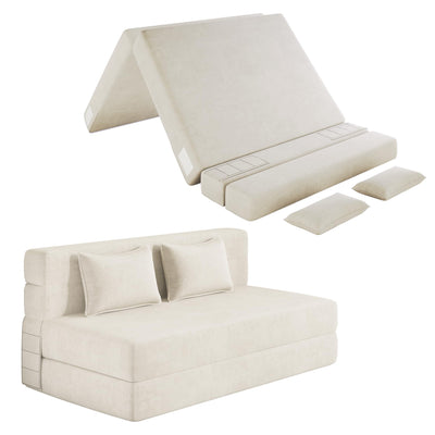 Luoxiao Folding Sofa Bed Convertible Sleeper Chair Full Size with Pillows, Foldable Futon Lazy Floor Sofa Bed, Portable Fold Out Chair Bed for Living Room/Dorm/Guest Room, Washable Cover, Off White