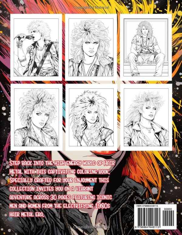 Hair Metal Coloring Book: An Adult Coloring Book Featuring Portraits of Men and Women Rockstars of the 1980s Glam Rock Era WoodArtSupply