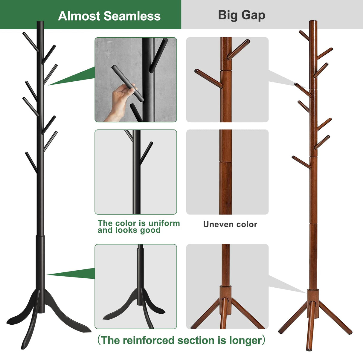 kiplant Black Coat Rack Stand, Bamboo Wood Freestanding Coat Tree with 8 Hooks, Hallway Entryway Hat Hanger Organizer Standing for Bedroom, Office, Clothes, Jackets, Bags, Umbrallas kiplant