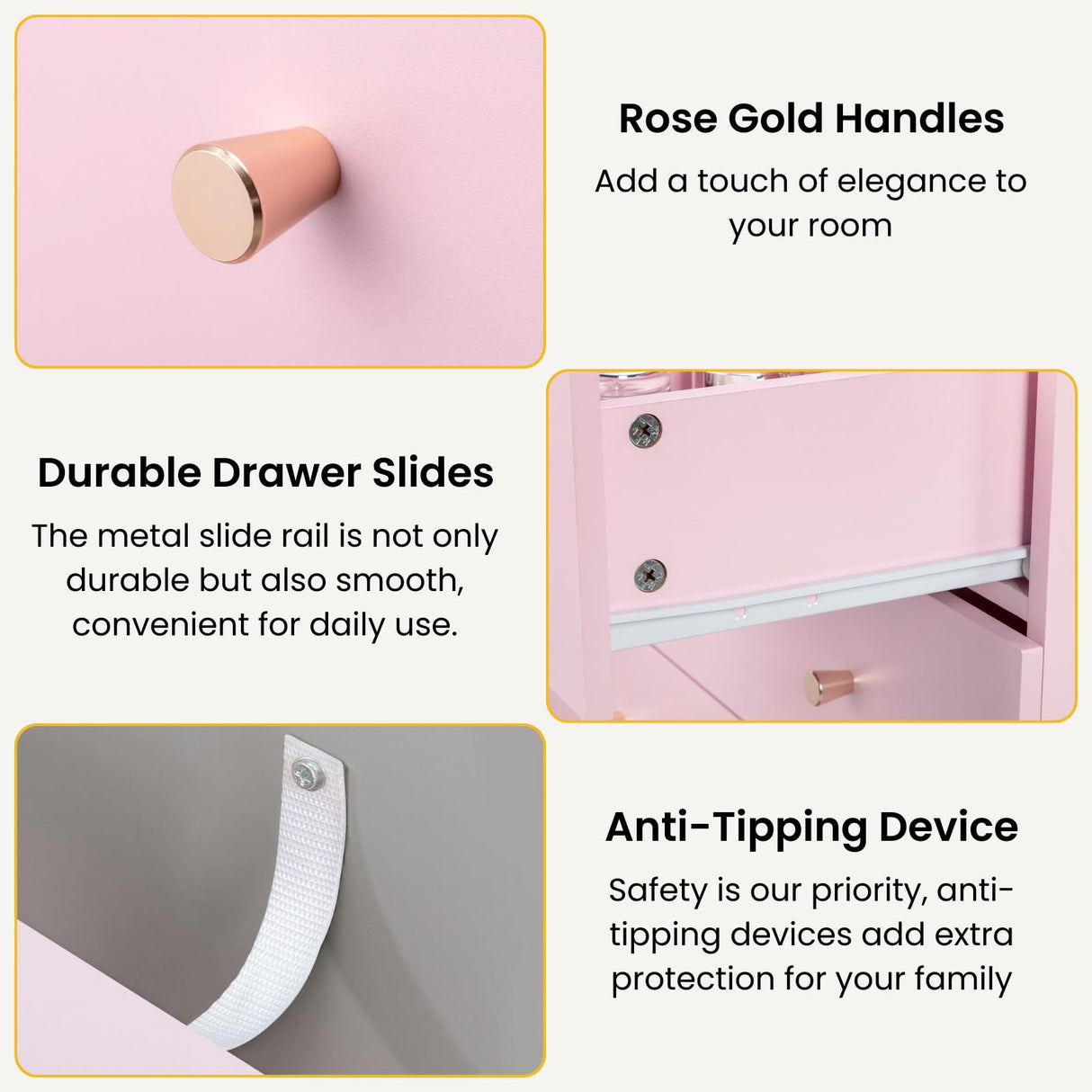 Karl home Pink 5 Drawer Dresser for Bedroom, Modern Wood Dresser Chest of Drawers, Pink Bedroom Dressers for Girls, Anti-Tipping Device, Rose Gold Metal Handle, Living Room, Entryway, Hallway, Office Karl home