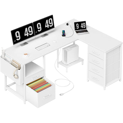 White L Shaped Desk with File Cabinet, 53 Inch Corner Office Desk with Storage Drawers Reversible, L-Shaped Computer Desks with Filling Drawer & Power Outlets for Home Office PC Work Study Wiriting