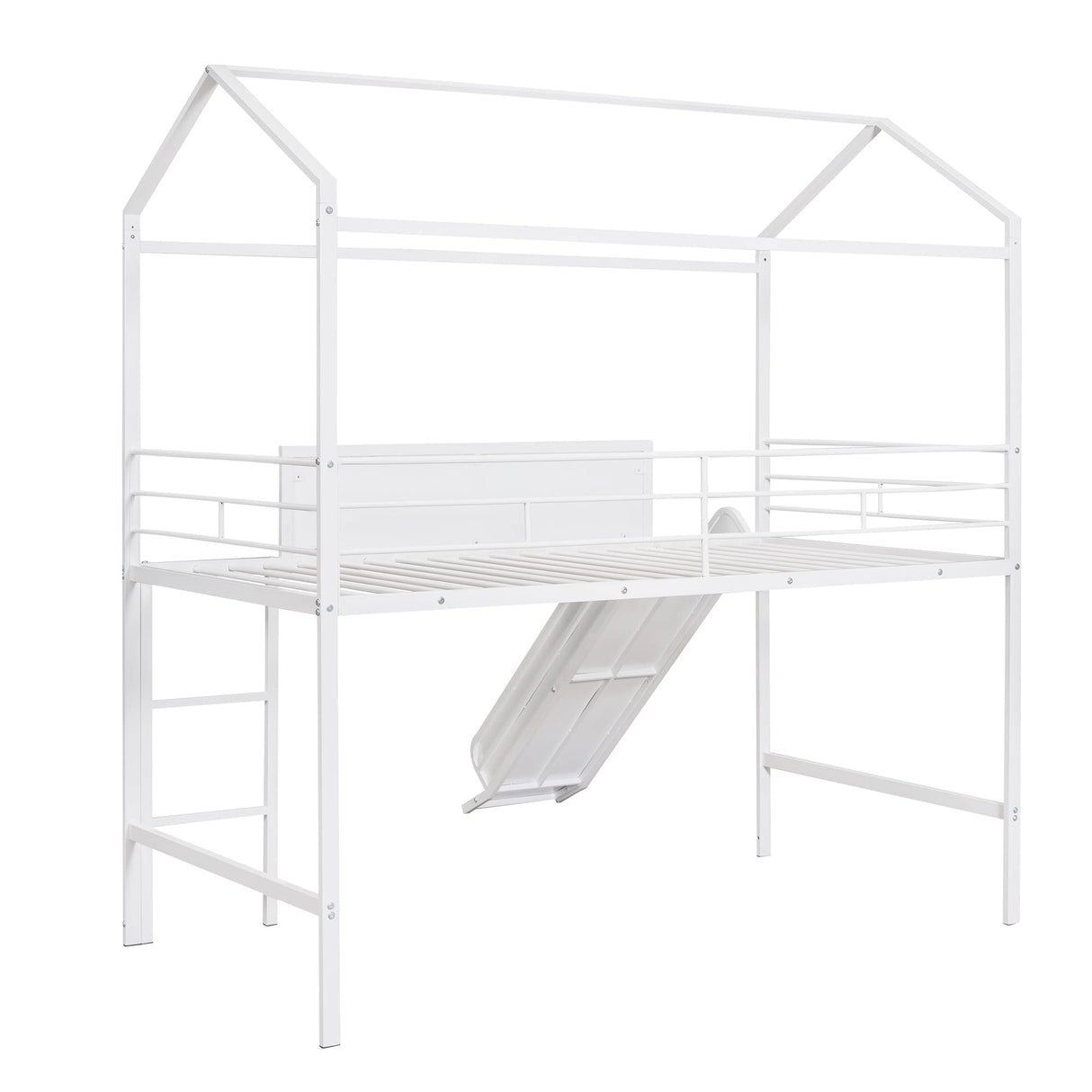 Twin House Loft Beds with Slide and Chalkboard, Low Loft Bed Twin Size, Metal House Bed with Guardrail and Ladder, Metal Twin Size Loft Bed for Kids Teens Girls Boys (Twin, White) Harper & Bright Designs